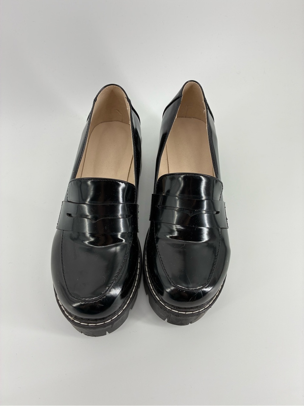 Black Patent Platform Penny Loafers - Women - Picture 2 of 7